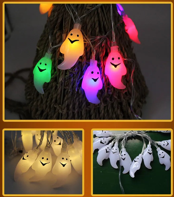 Halloween LED string lights with bat, pumpkin, and ghost pendants, waterproof for outdoor decoration