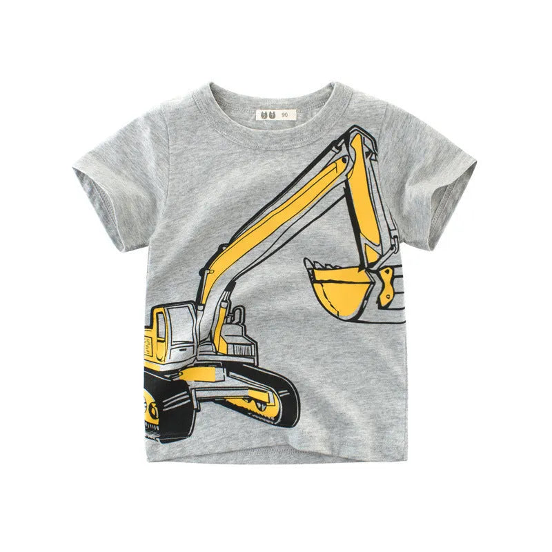 Child's short sleeve cotton t-shirt with cartoon pattern in flower ash colour.