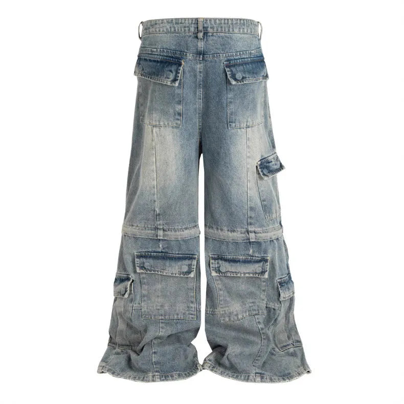 Washed-out cotton detachable overalls with multiple pockets in black or blue colours