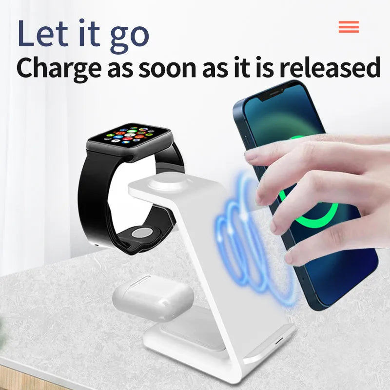 White 3-in-1 wireless charger with phone in upright holder, earbuds on charging pad, and smartwatch on charger