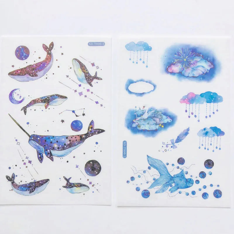 Abu Sticker set with fantasy stars design on Japanese paper, showing 10.5 by 14.1 cm size.