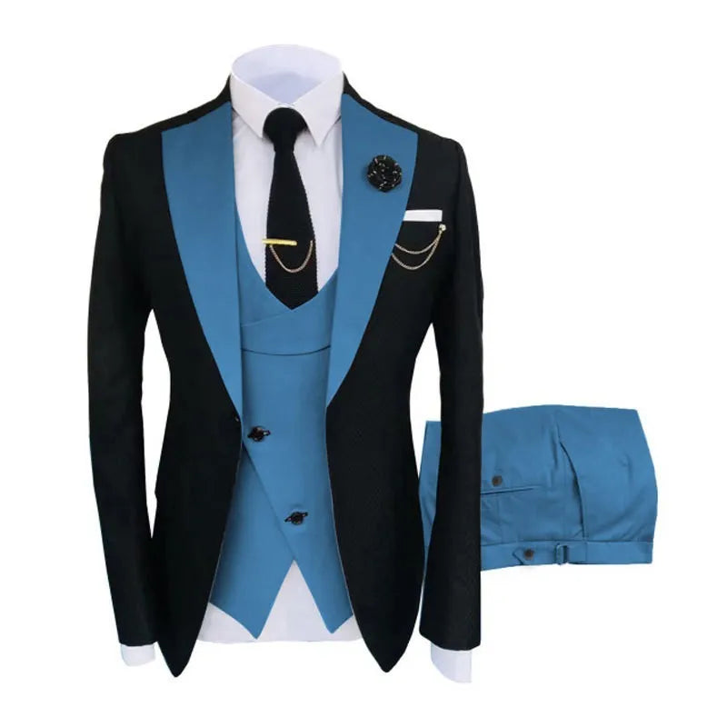 Men's slim fit three-piece business suit in cotton fabric with coat, vest, and trousers for formal occasions