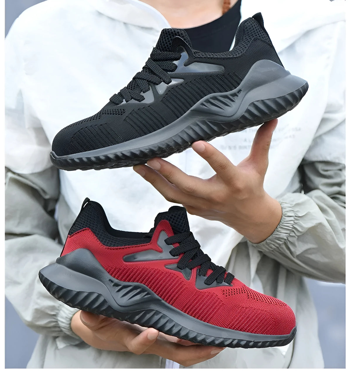 Men's safety shoes with steel toecap and midsole, anti-slip rubber outsole, breathable fly knitting upper, 903 red or black