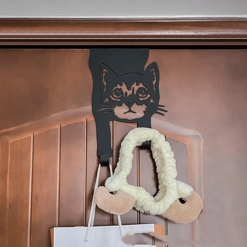 Black iron cat-shaped wall hook with punch-free mounting for doors and walls