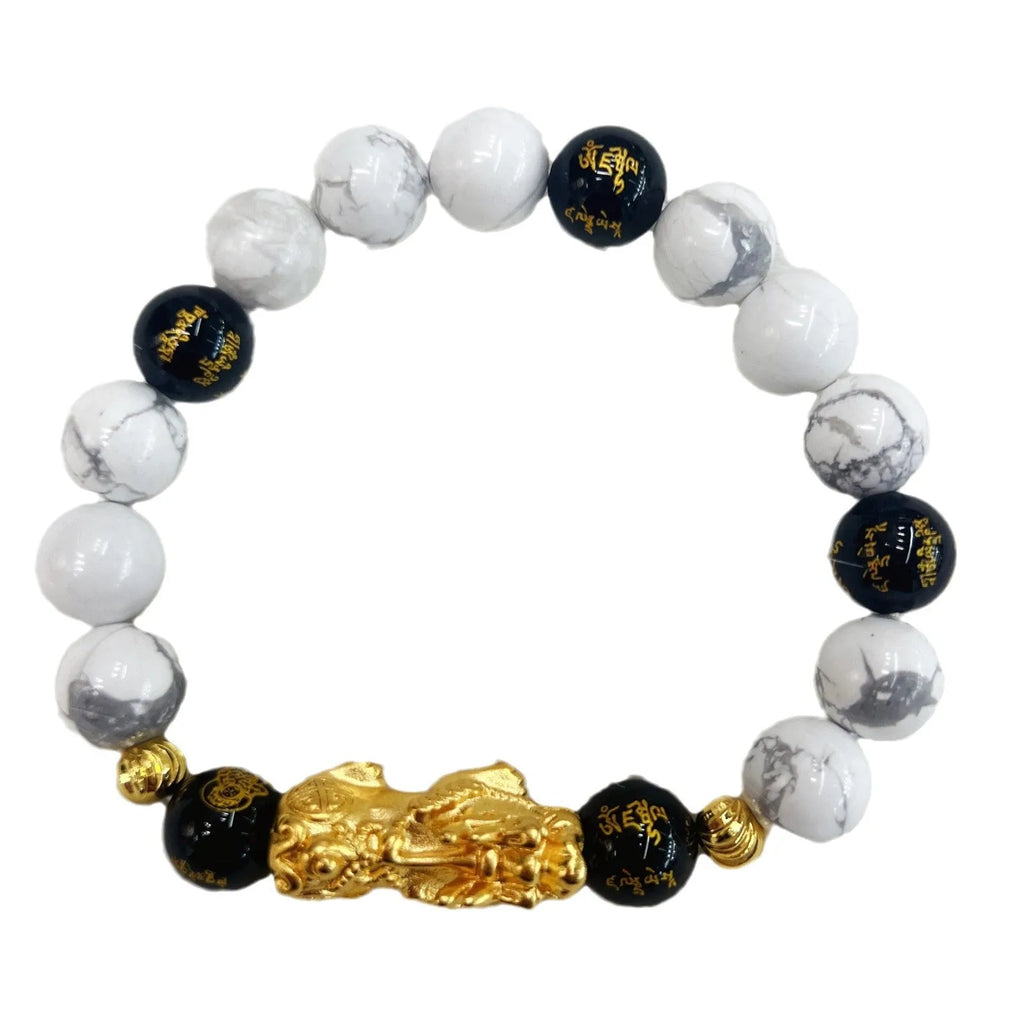 Handcrafted white turquoise and black agate couple bracelet with adjustable 15-17cm sizing