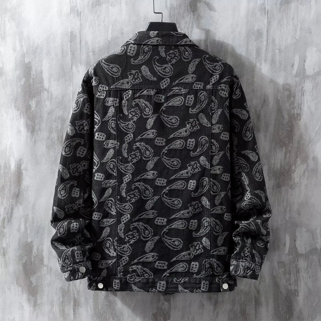 Men's slim fit denim coat with jacquard print and drawstring waist in black, dark blue, or light blue