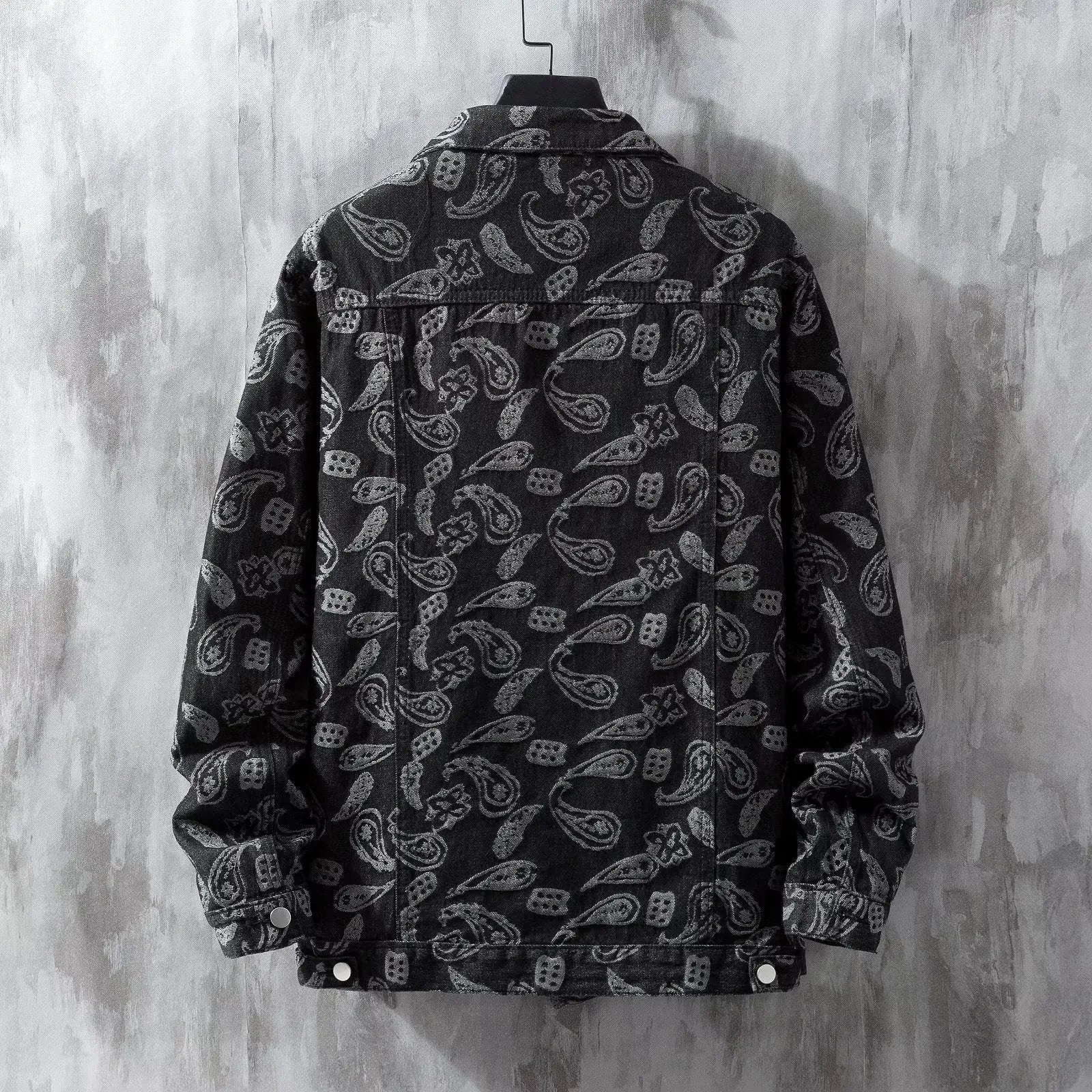 Men's slim fit denim coat with jacquard print and drawstring waist in black, dark blue, or light blue