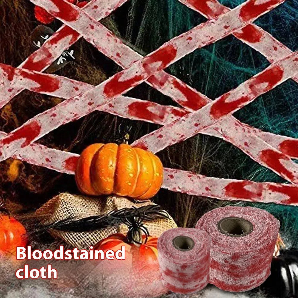Halloween bloody horror dyed gauze bandage showing 8cm width and polyester texture