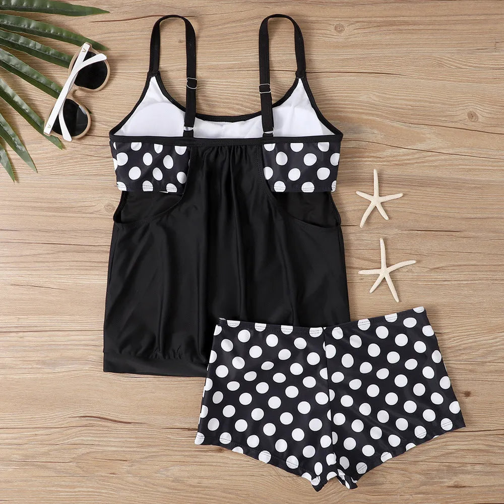 Women's split printed polka dot boxer swimsuit with high-waist briefs in black, red, light blue, or dark blue