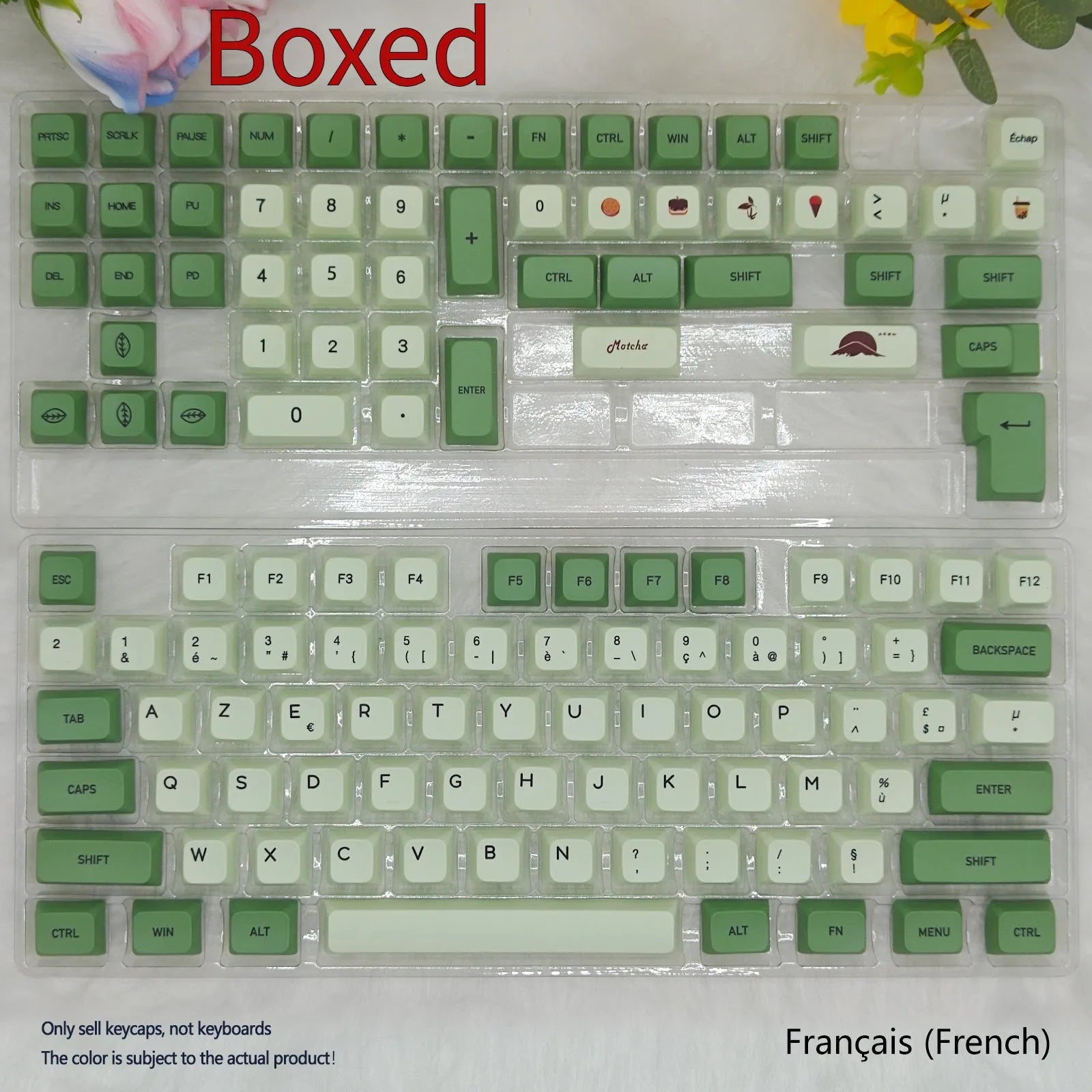 124 Matcha green PBT keycaps with white dye-sublimated legends, arranged in a keyboard layout.