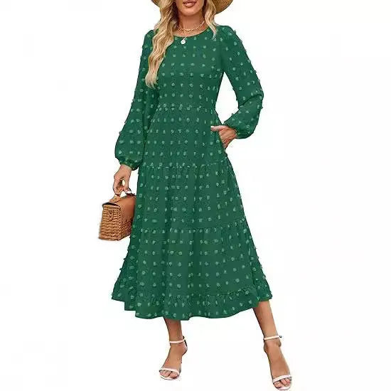 Autumn long sleeve dress with ruffled sleeves and high waist in beige colour, casual round neck design