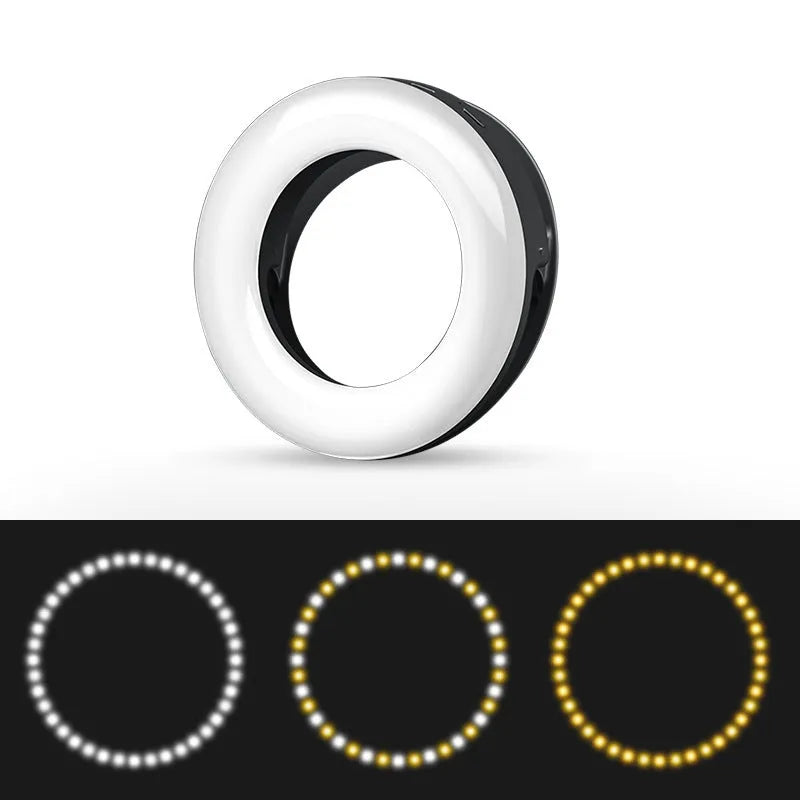 LED selfie ring light with adjustable brightness, compact 90mm design, and USB cable for mobile photography