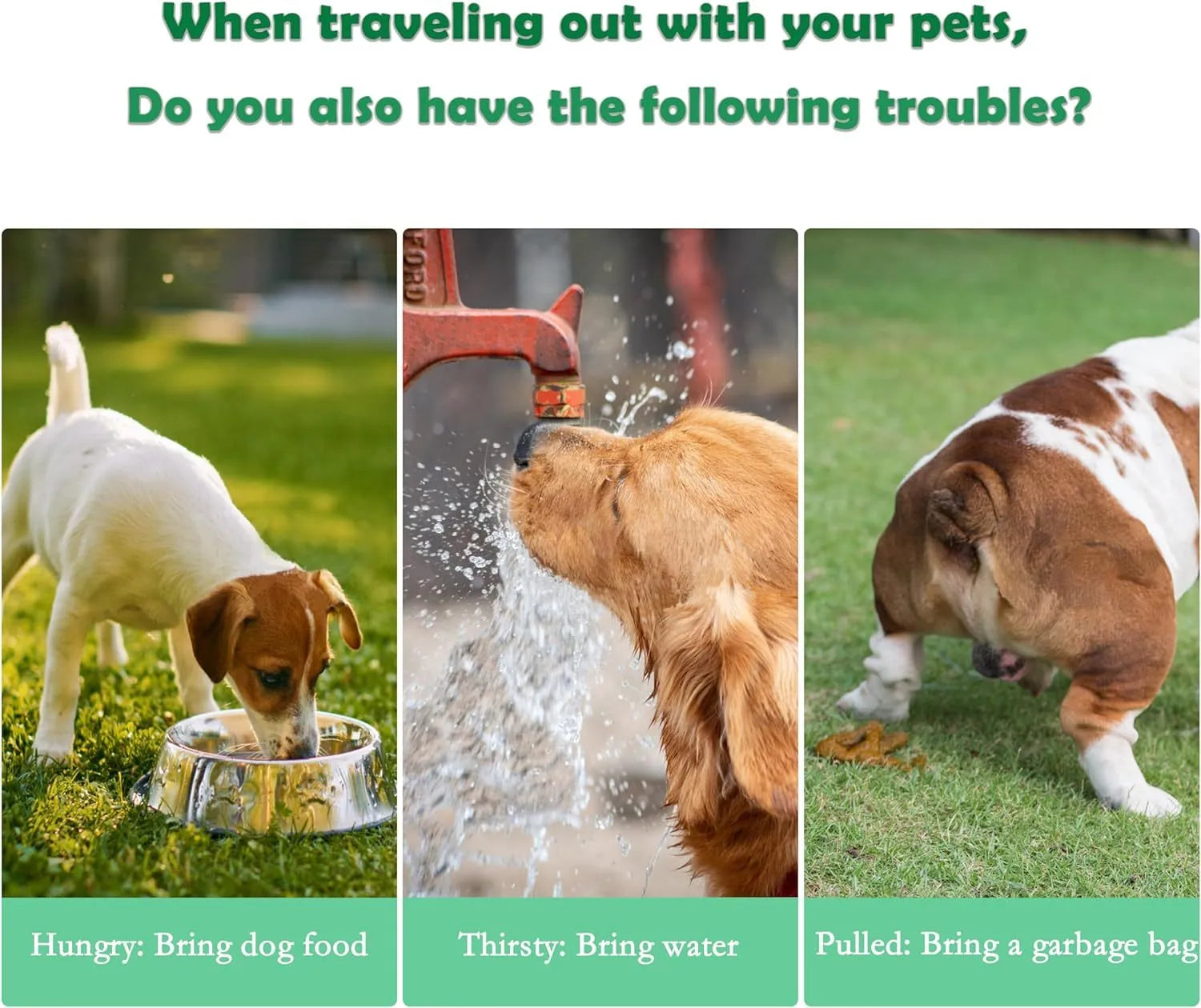 Green 3-in-1 portable pet water bottle showing water dispenser, food container, and waste bag compartment