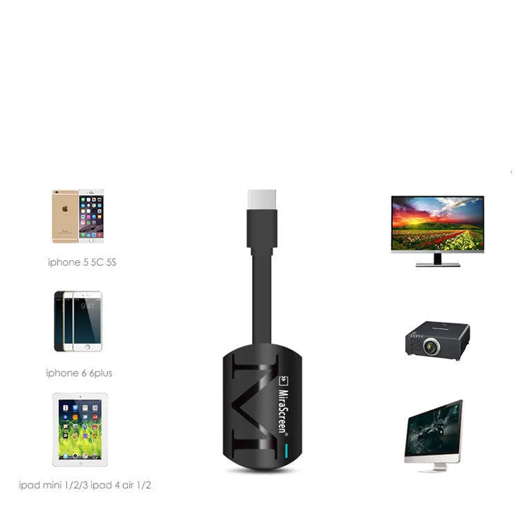 Compact black HDMI mobile phone to TV adapter dongle for 1080p screen mirroring.