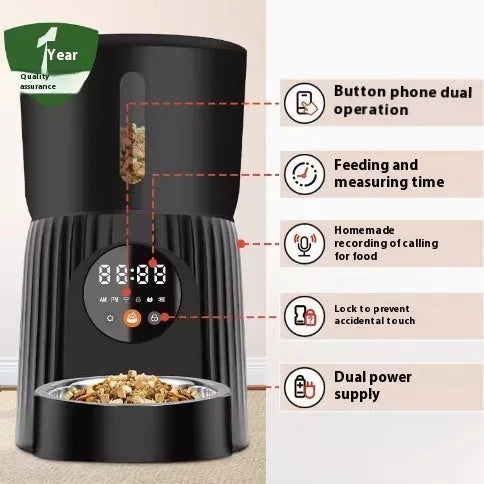 Black intelligent pet feeder with digital display showing feeding schedule, holding dry food
