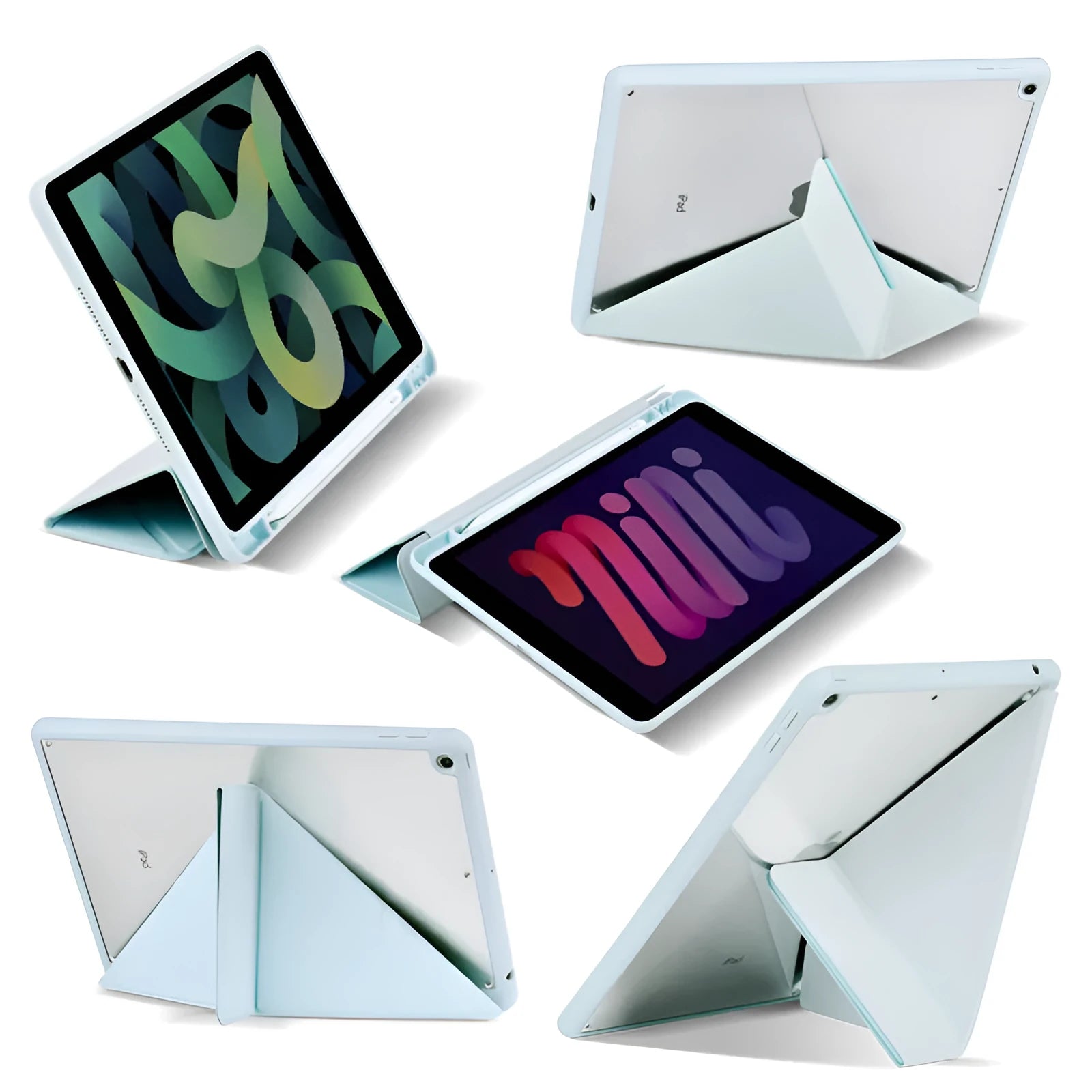 iPad acrylic Y folding protective case with pen slot in imitation leather, showing bracket function