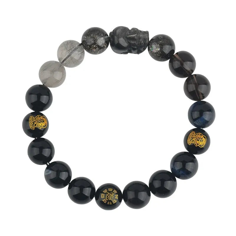 Handmade five elements crystal bracelet showing geometric beads in gold, wood, water, fire, or earth colours.