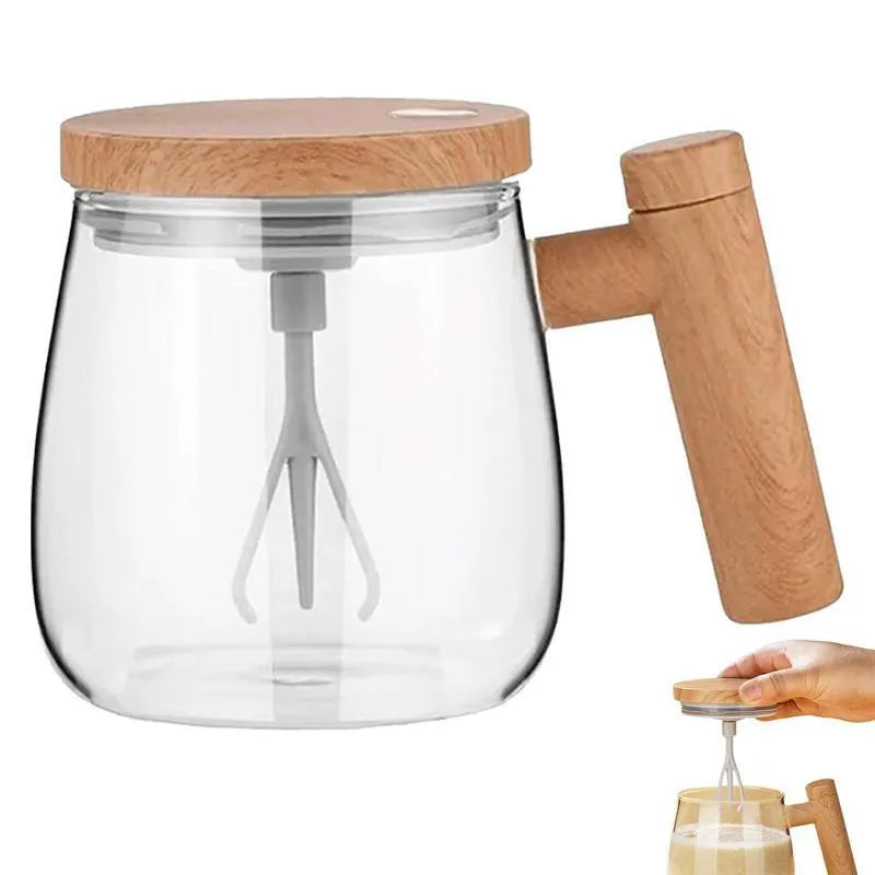 400ml clear borosilicate glass electric self-stirring coffee mug with mixing button.
