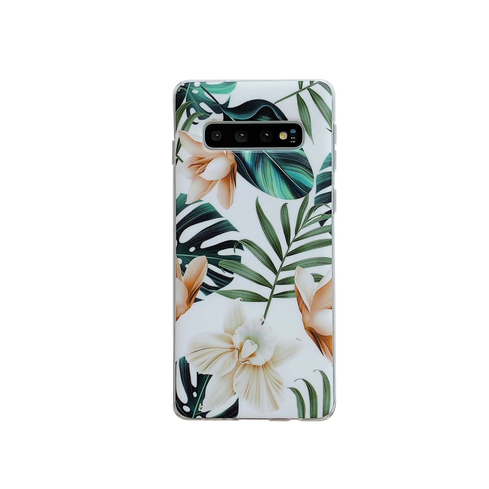 Slim green leaf floral TPU back cover case for Samsung Galaxy phone on a white background.