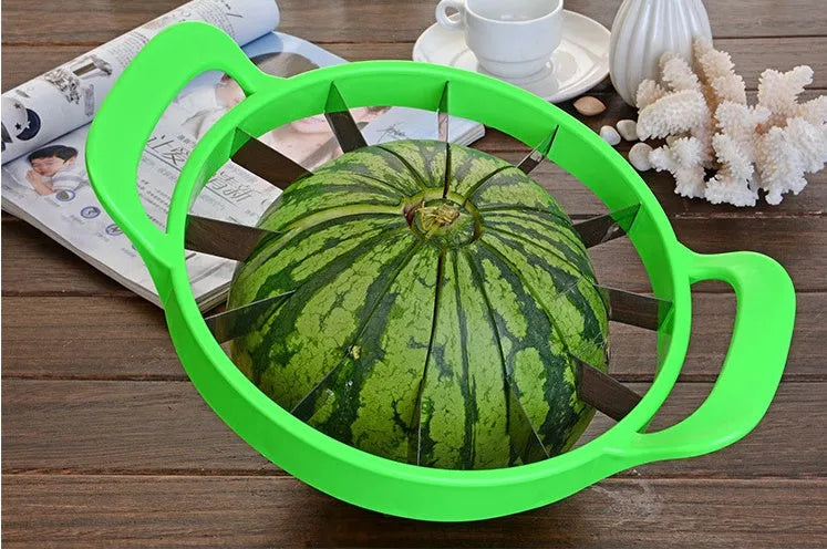Green plastic and stainless steel melon slicer tool on a kitchen counter.