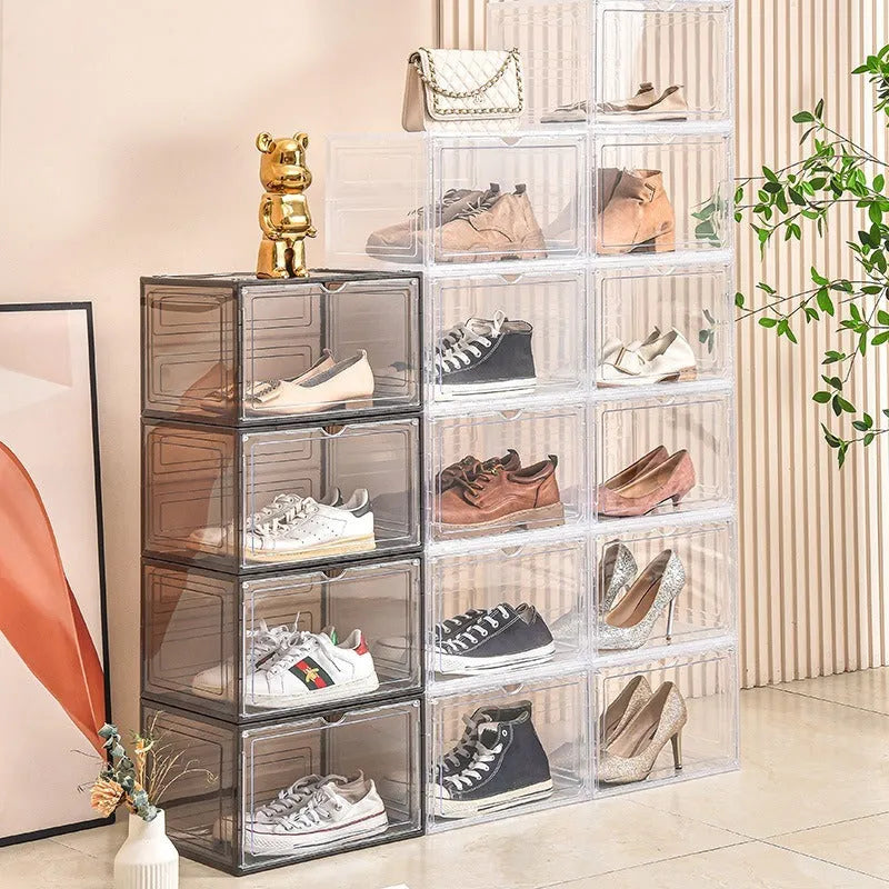 Large clear acrylic shoe storage box with magnetic side door and stackable lid