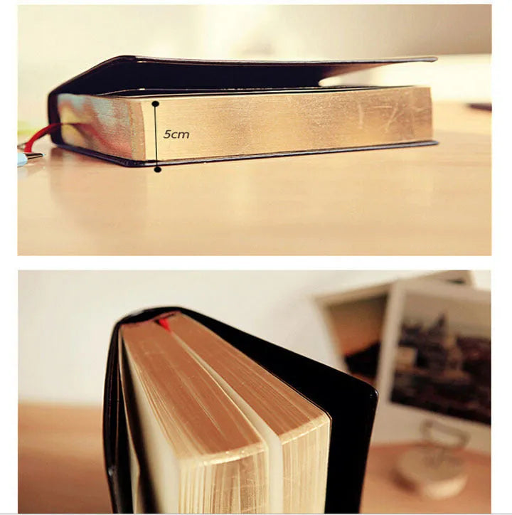 Large thick leather notebook 17 x 12 cm with 480 pages and gold or white cover.