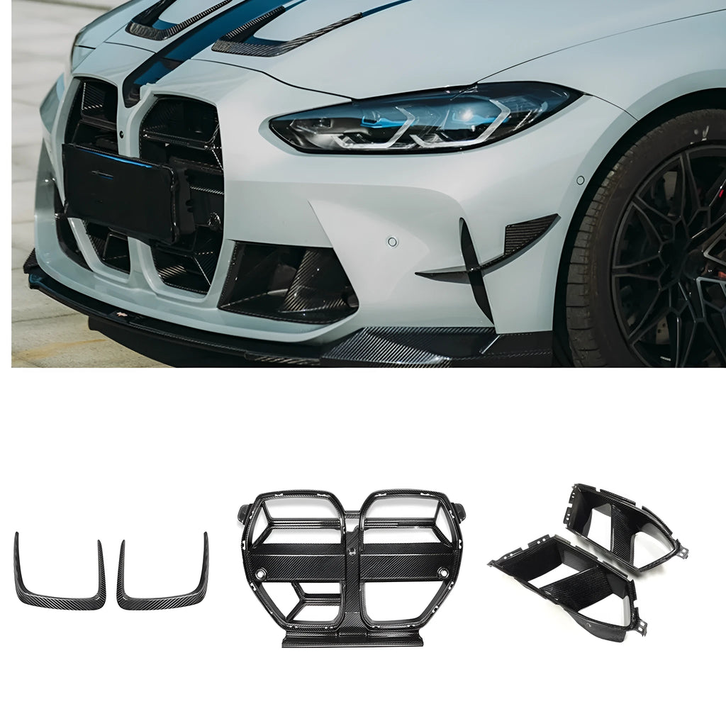 Dry carbon fibre front bumper grille with 3K weave for BMW M3 M4 G80 G82 models in black.