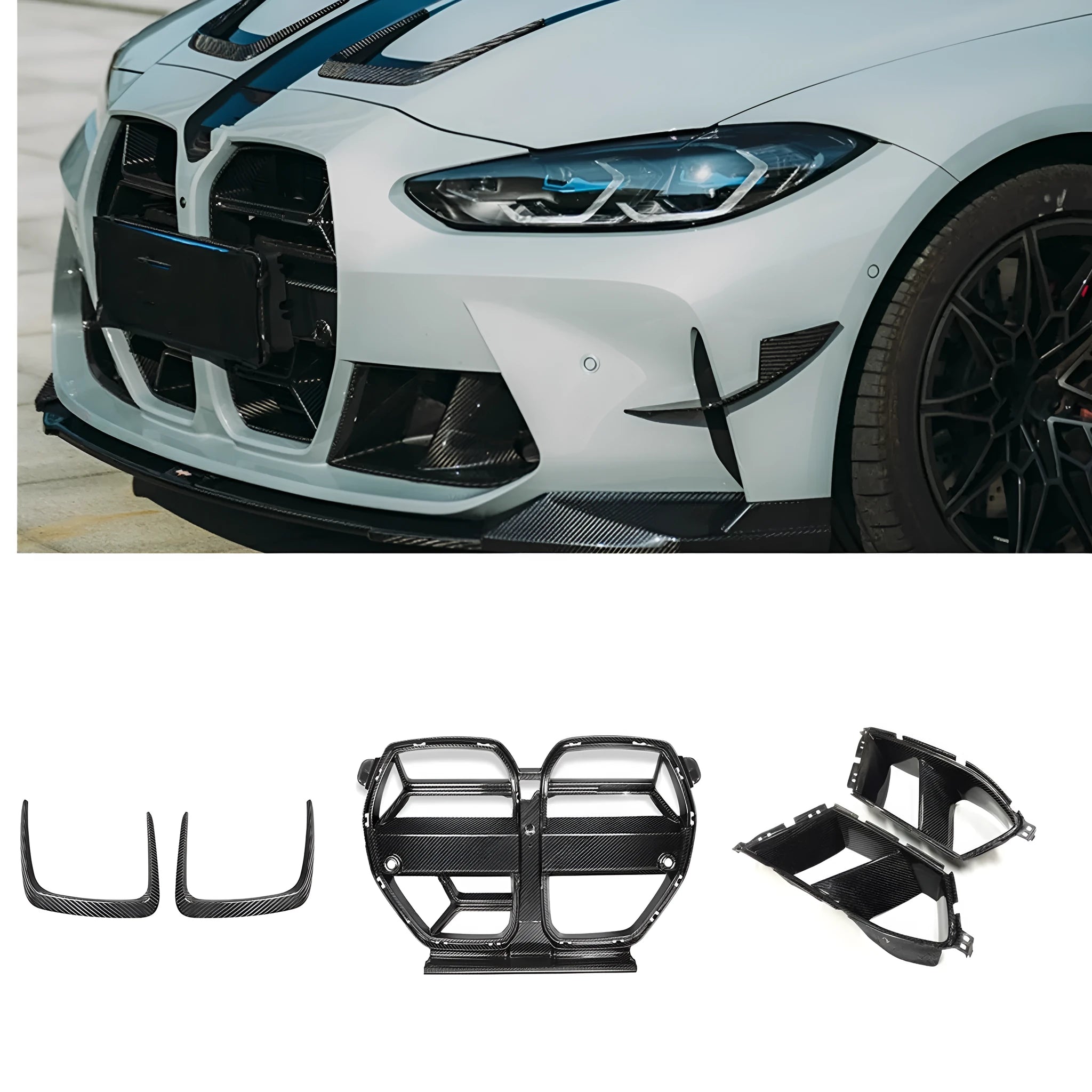 Dry carbon fibre front bumper grille with 3K weave for BMW M3 M4 G80 G82 models in black.