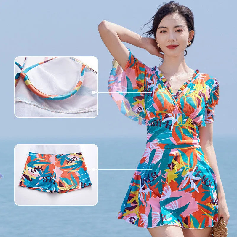 Women's cover belly one-piece swimsuit with colourful printed pattern in polyester fabric