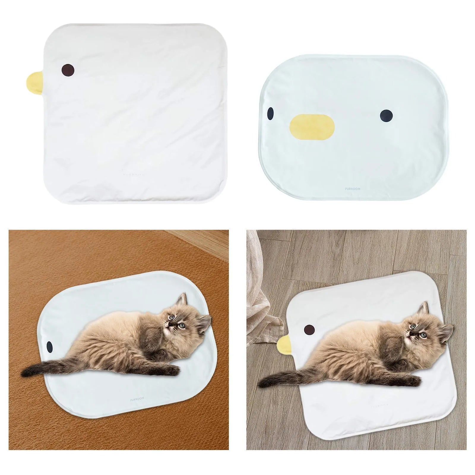 Blue chick-shaped washable pet cooling mat on a wooden floor.