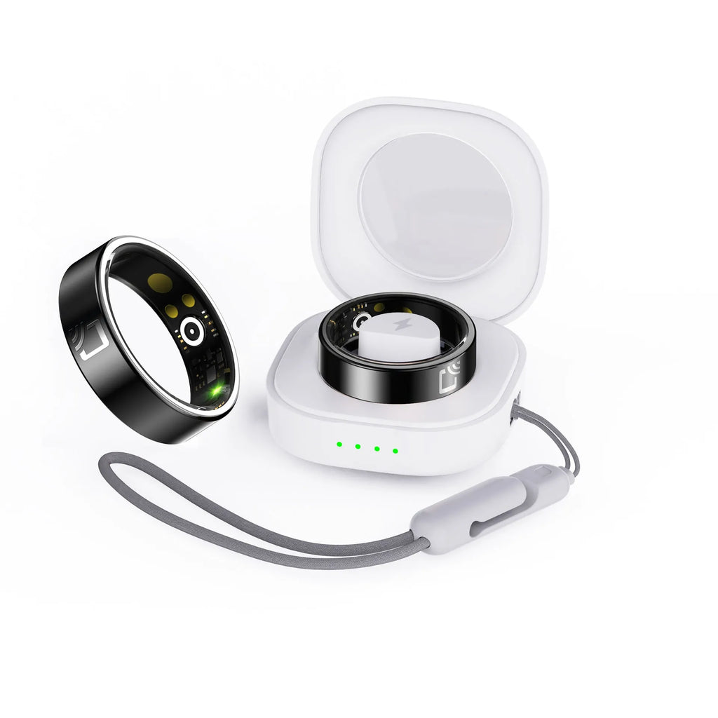 Black ceramic smart ring on finger showing health monitoring display with heart rate and blood oxygen readings
