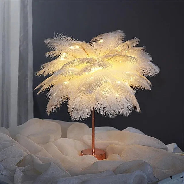 Feather table lamp with remote control, USB or battery power, 50 feathers, soft light for bedside or desk