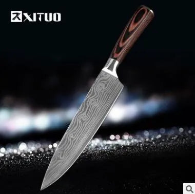 Santoku chef knife with laser Damascus pattern blade and coloured wood handle, blade length 7 inches.