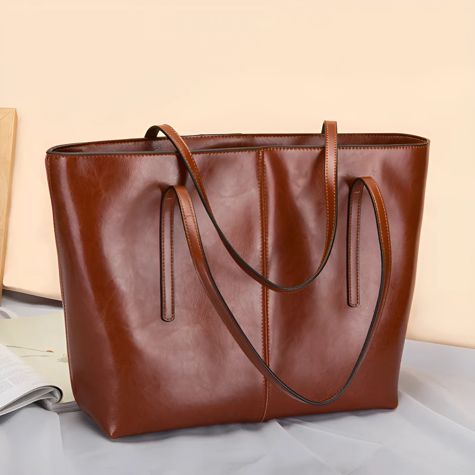 Women's genuine cowhide leather shoulder bag with horizontal square design and multiple compartments