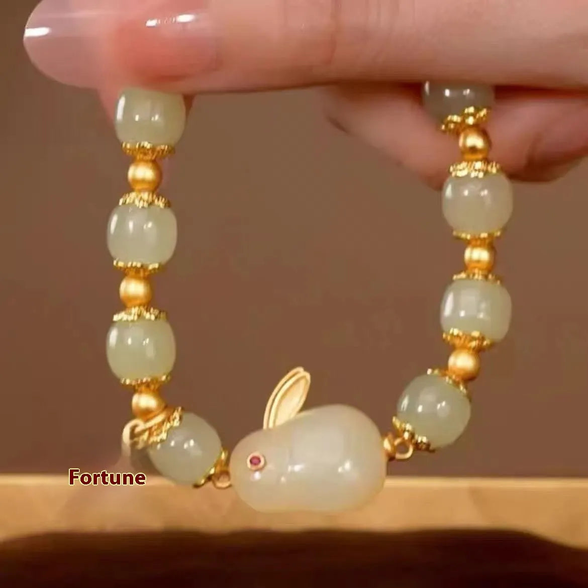 Green Jade Hare bracelet for women with Chinese-style zodiac animal design and electroplated finish