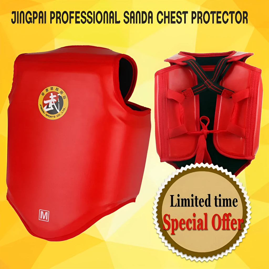 Red boxing helmet and matching one-piece chest protector set for training sparring.