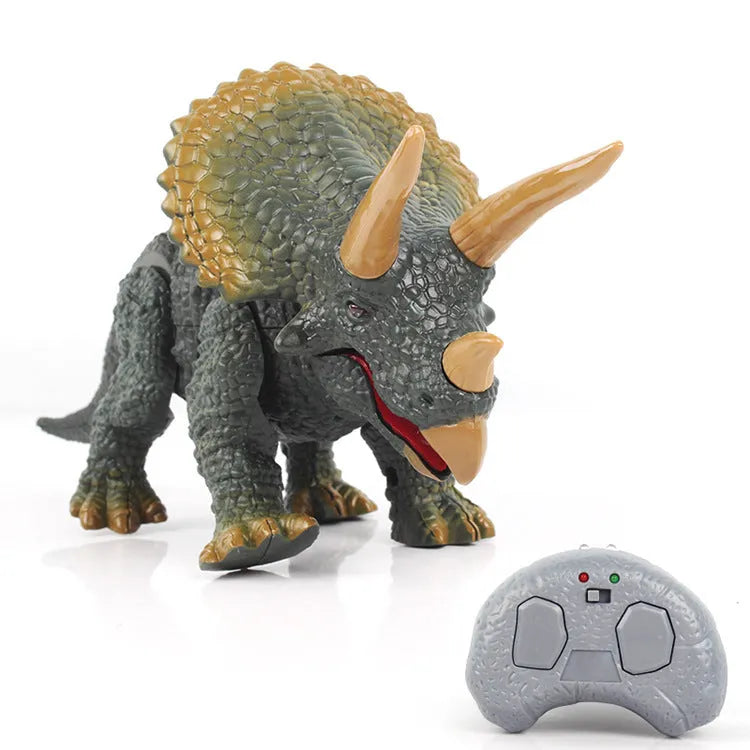 Remote control electric Triceratops dinosaur toy with remote handle and charging cable in colour box