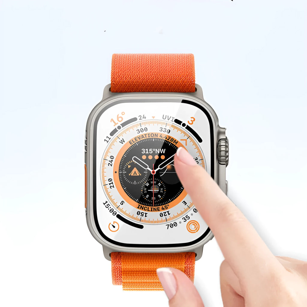Ultra-thin Apple Watch protective case with integrated screen film in black, shown on a 45mm Apple Watch.