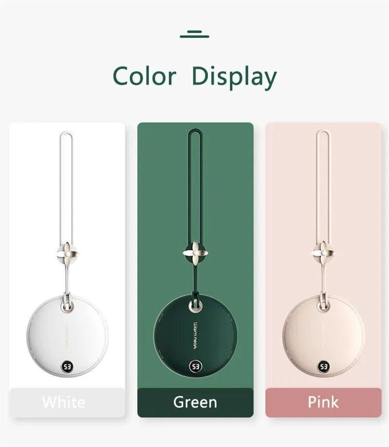 Green hand warmer power bank showing digital display with 5000mAh capacity and Type-C port