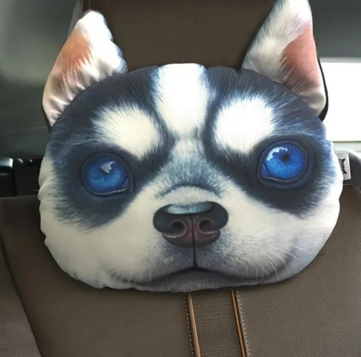 Handmade oblong car headrest pillow with printed cartoon cat design, polyester cotton cover, and PP cotton filling.