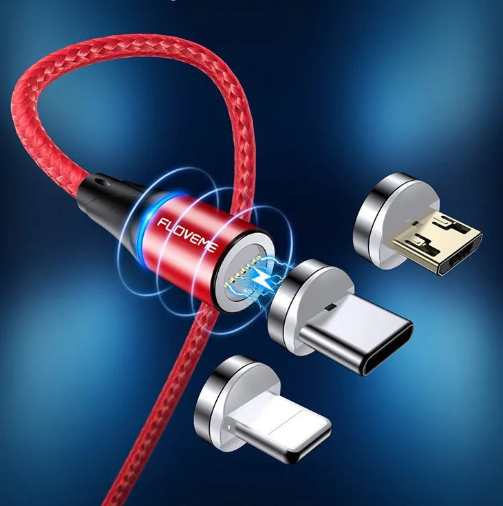 3A fast charge magnetic data cable with side light, showing Type-C connector and 3-in-1 heads for Apple and Android devices