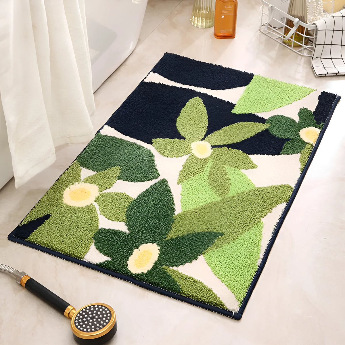 Non-slip bathroom mat, polyester fibre, leaf jacquard pattern, spring colour, square 40x60cm