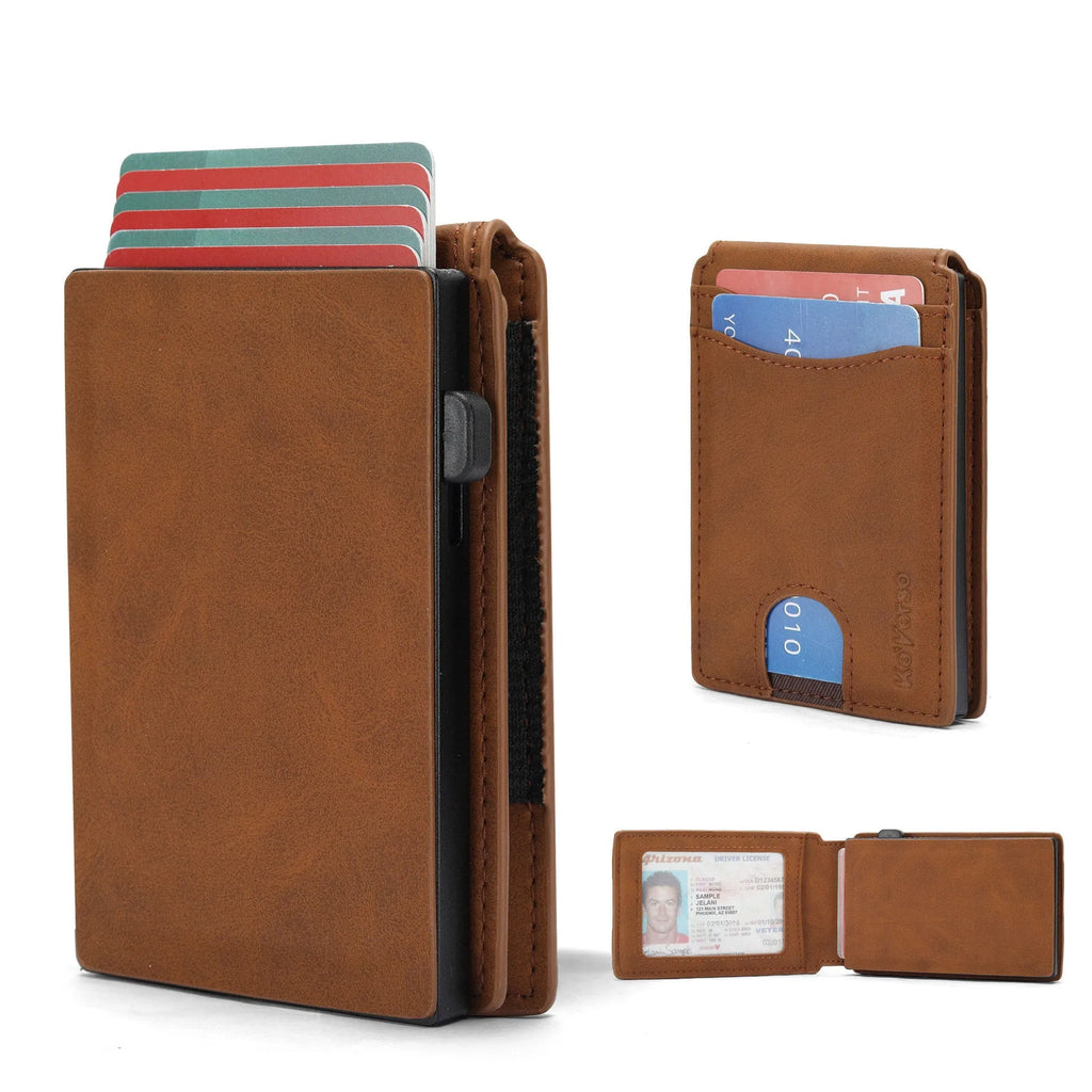 Slim synthetic leather men's card holder wallet in black, dark brown, and light brown colours.