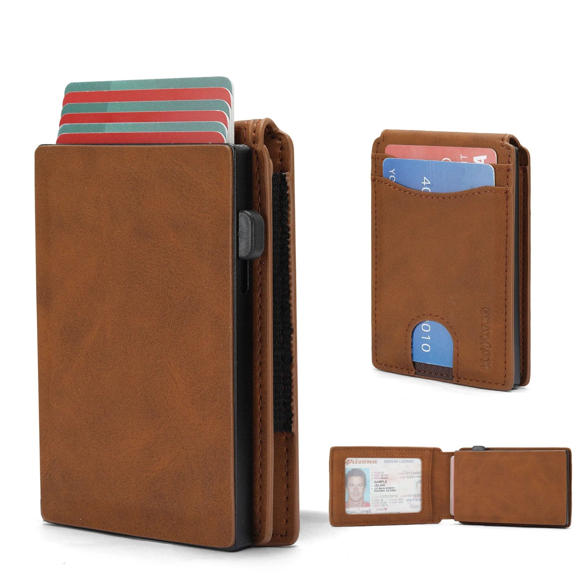 Slim synthetic leather men's card holder wallet in black, dark brown, and light brown colours.