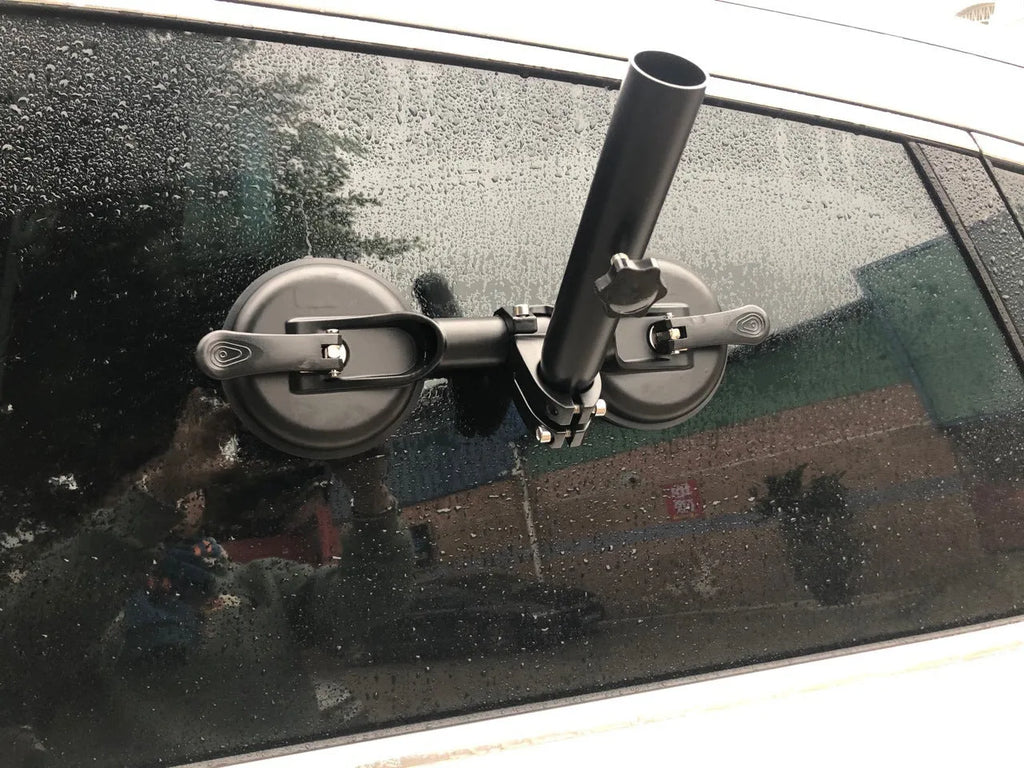 Black off-road car sucker base flagpole mount with round glass sucker and ABS plastic construction