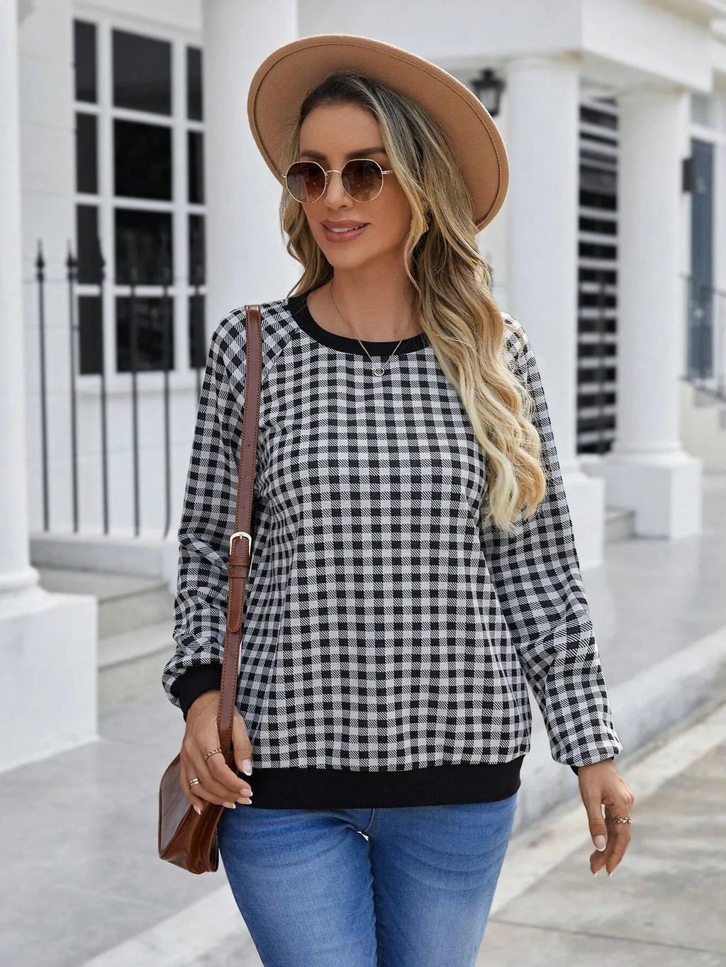 Black plaid pullover long sleeve sweater with striped pattern, available in sizes S to XXL