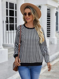 Black plaid pullover long sleeve sweater with striped pattern, available in sizes S to XXL