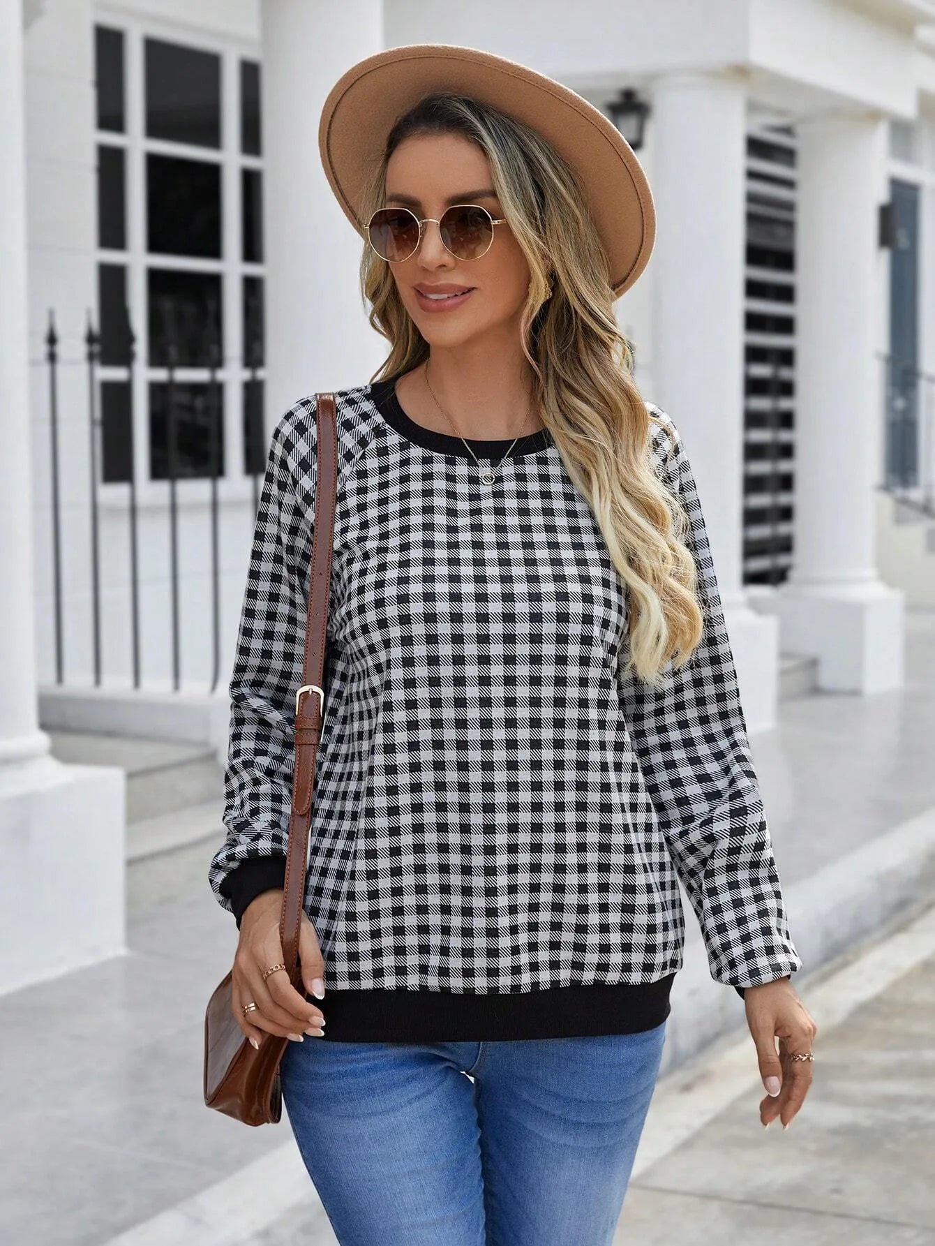 Black plaid pullover long sleeve sweater with striped pattern, available in sizes S to XXL