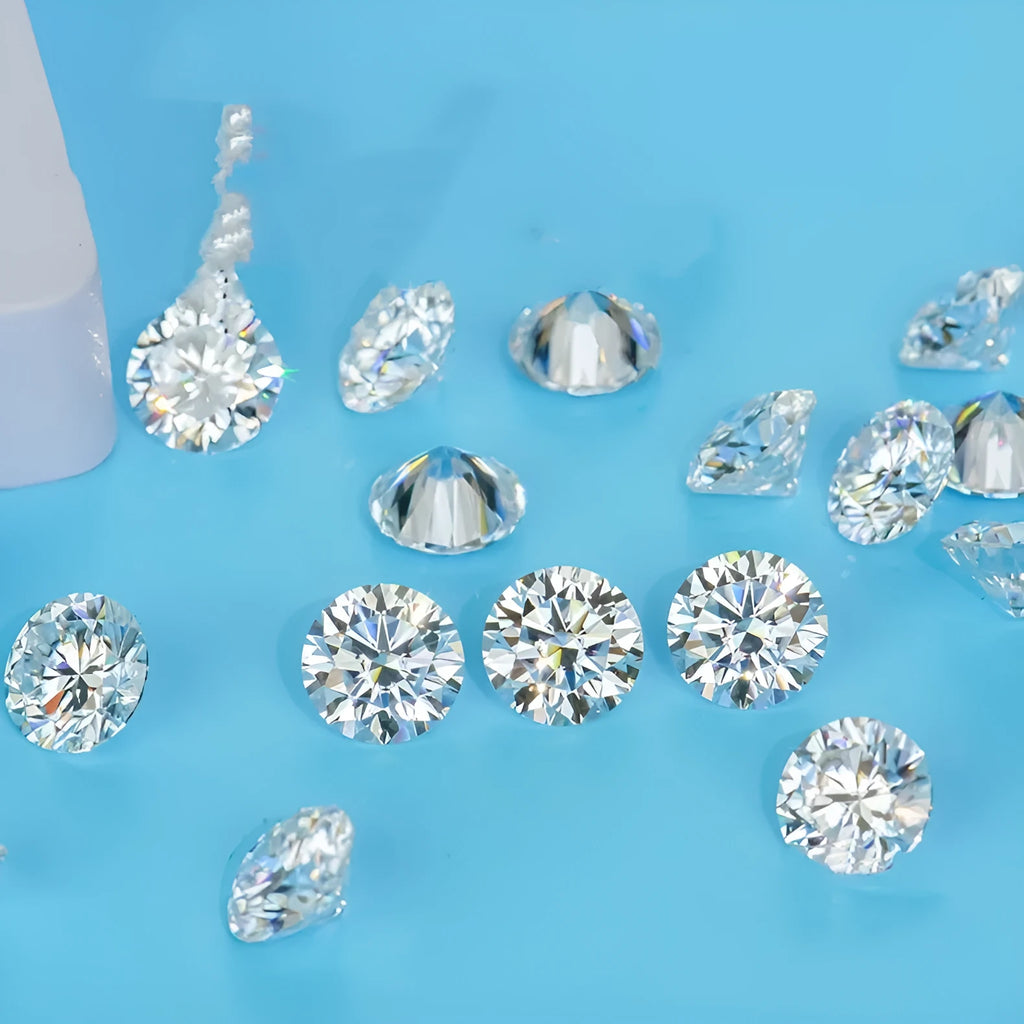Round moissanite gemstone with eight hearts and eight arrows cut pattern in various sizes from 3mm to 18mm