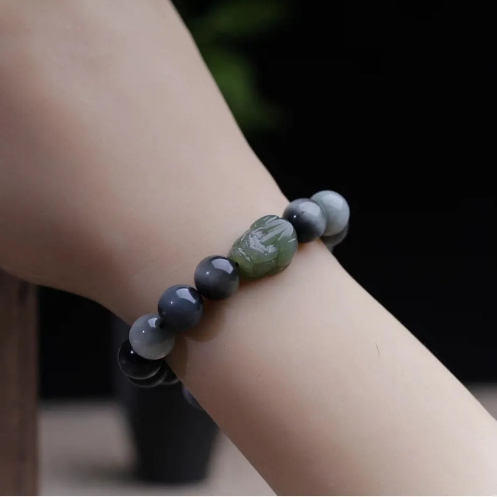 Black Eagle Eye Stone bracelet with Hetian Jade Pixiu charm and 10mm beads